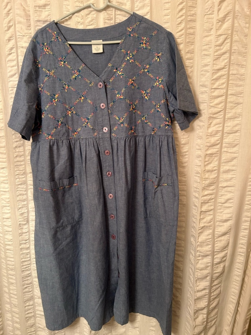 Bechamel Blue Chambray Midi Dress with Floral Embroidery